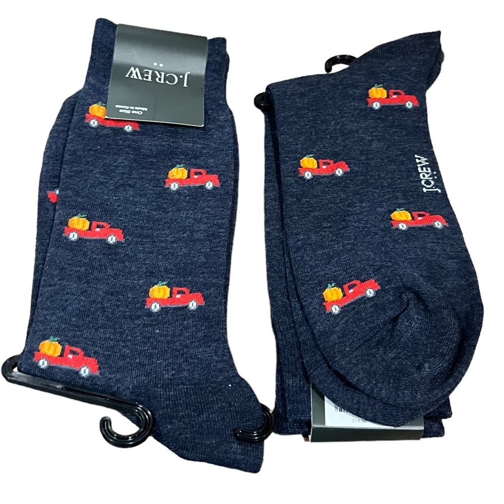 J. Crew Mens Trouser Socks Blue Cotton One Size Truck Pumpkin SET of 2 NWT